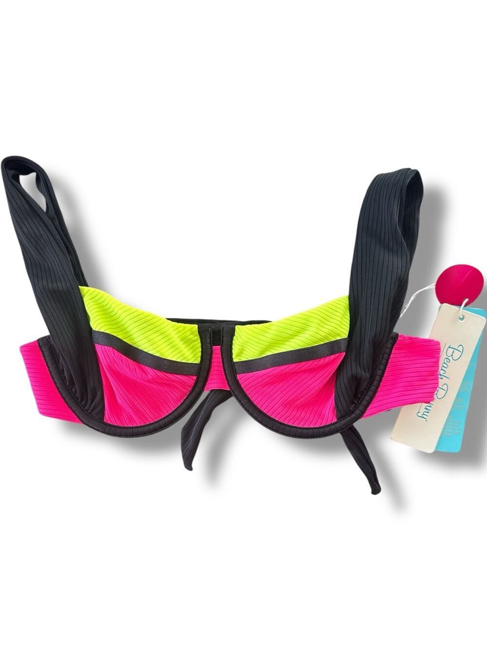 Beach Bunny Karter Neon Pink Black Lime Green Bikini Top XS